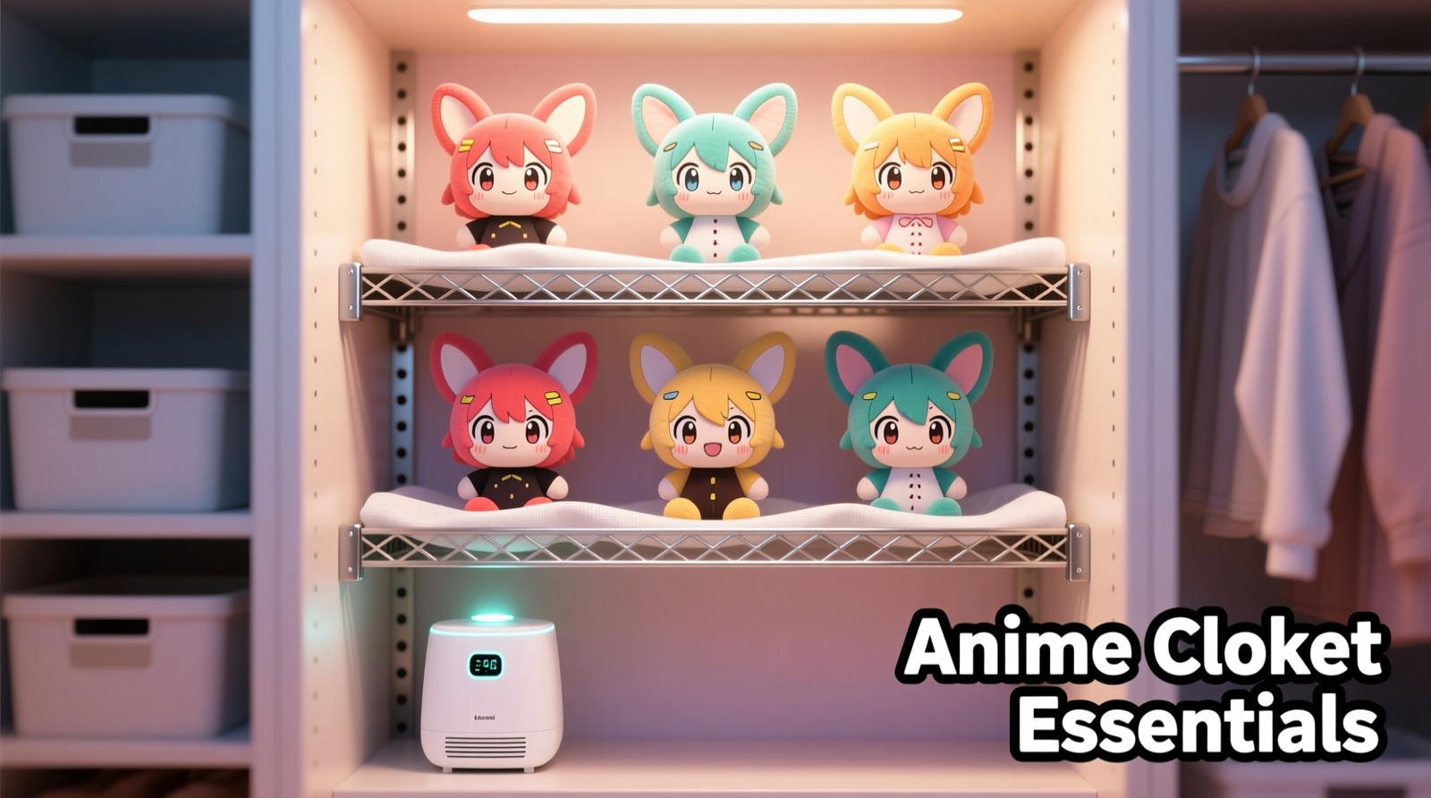 Side-view diagram showing an anime plush standing upright on a closet shelf, with a thin rolled acid-free tissue tube inserted vertically inside its head, ears fully extended and unsupported by any surface, flanked by two fabric-covered cardboard dividers spaced precisely 3 inches apart.