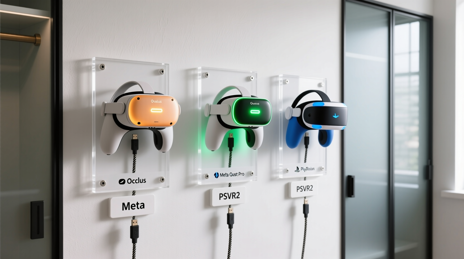 Three VR controllers—Oculus Quest 3, Meta Quest Pro, and PlayStation VR2—mounted upright on minimalist white-wall-mounted acrylic stands behind frosted glass closet doors; each controller’s front-facing battery LED glows visibly in amber, green, and blue respectively; clean USB-C cables route downward into labeled wall grommets