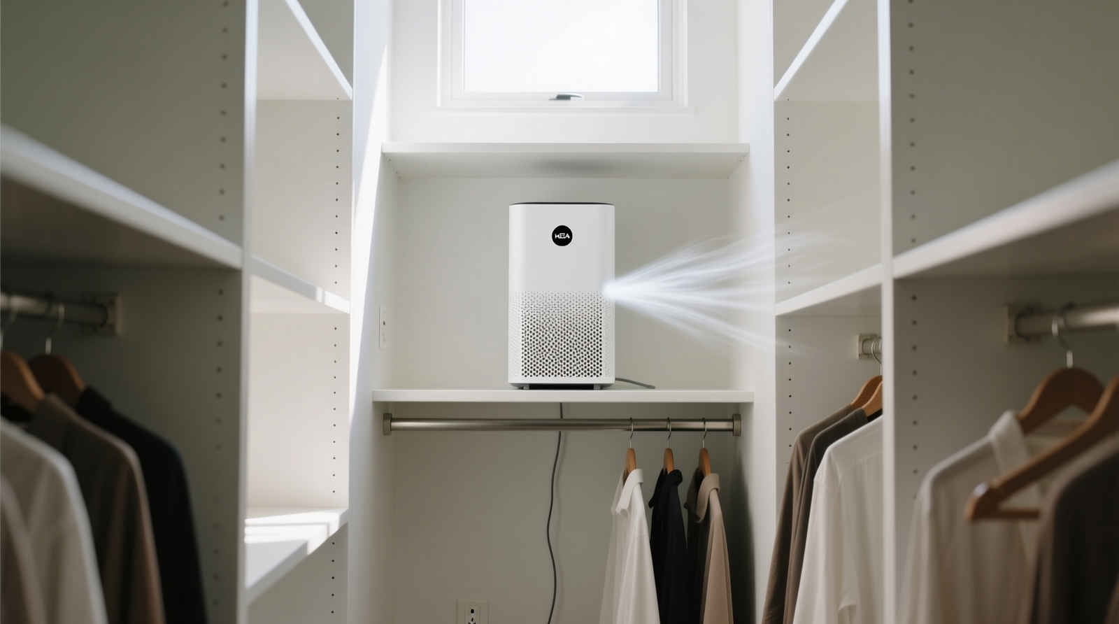 A narrow, well-lit walk-in closet with a compact white HEPA air purifier mounted discreetly on the upper rear shelf, its intake facing inward and exhaust directed toward the hanging garments; no visible cords or clutter