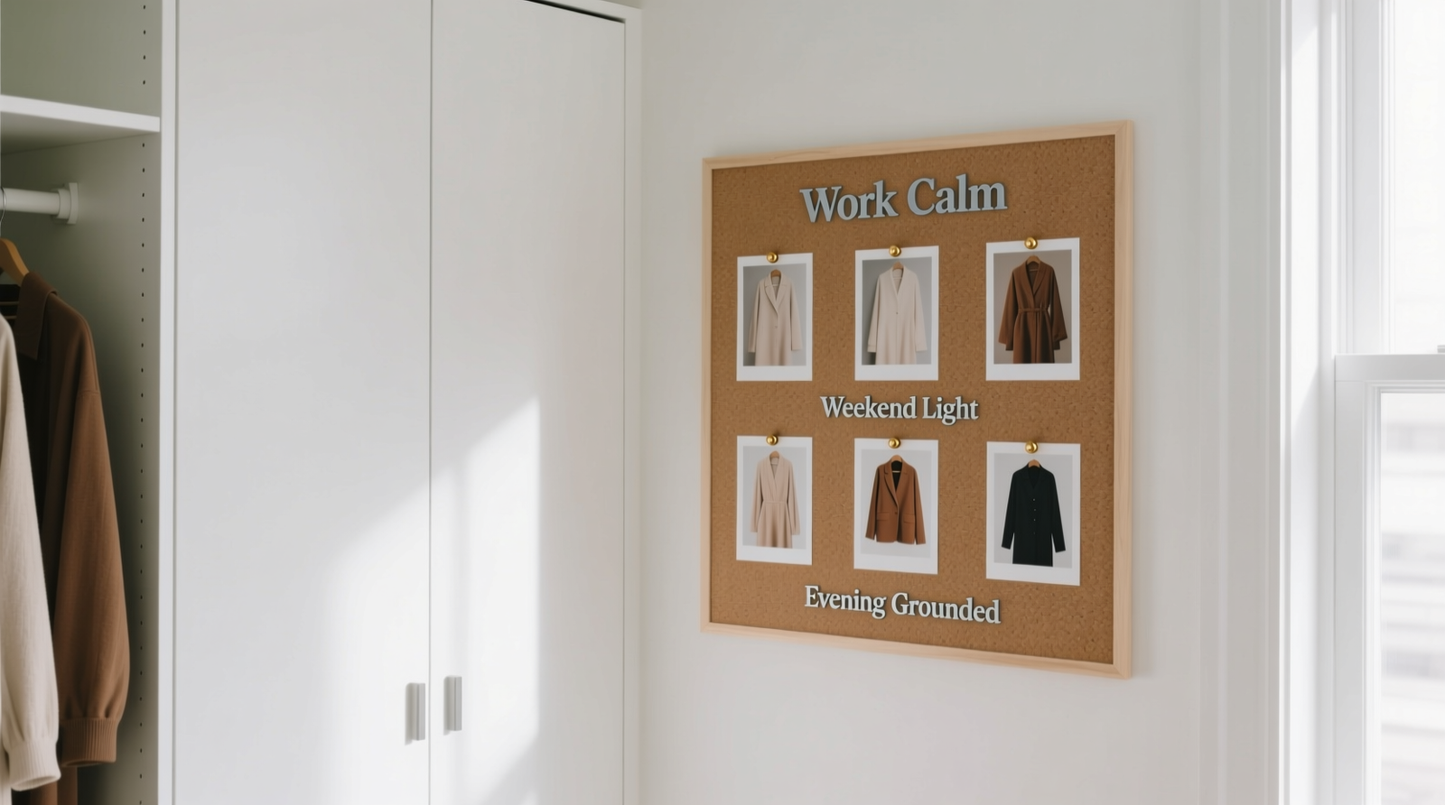 A minimalist white closet with an adjacent 11x14 inch corkboard mounted at eye level; six garment photos pinned in vertical columns labeled 'Work Calm,' 'Weekend Light,' and 'Evening Grounded'; soft natural light, no clutter visible