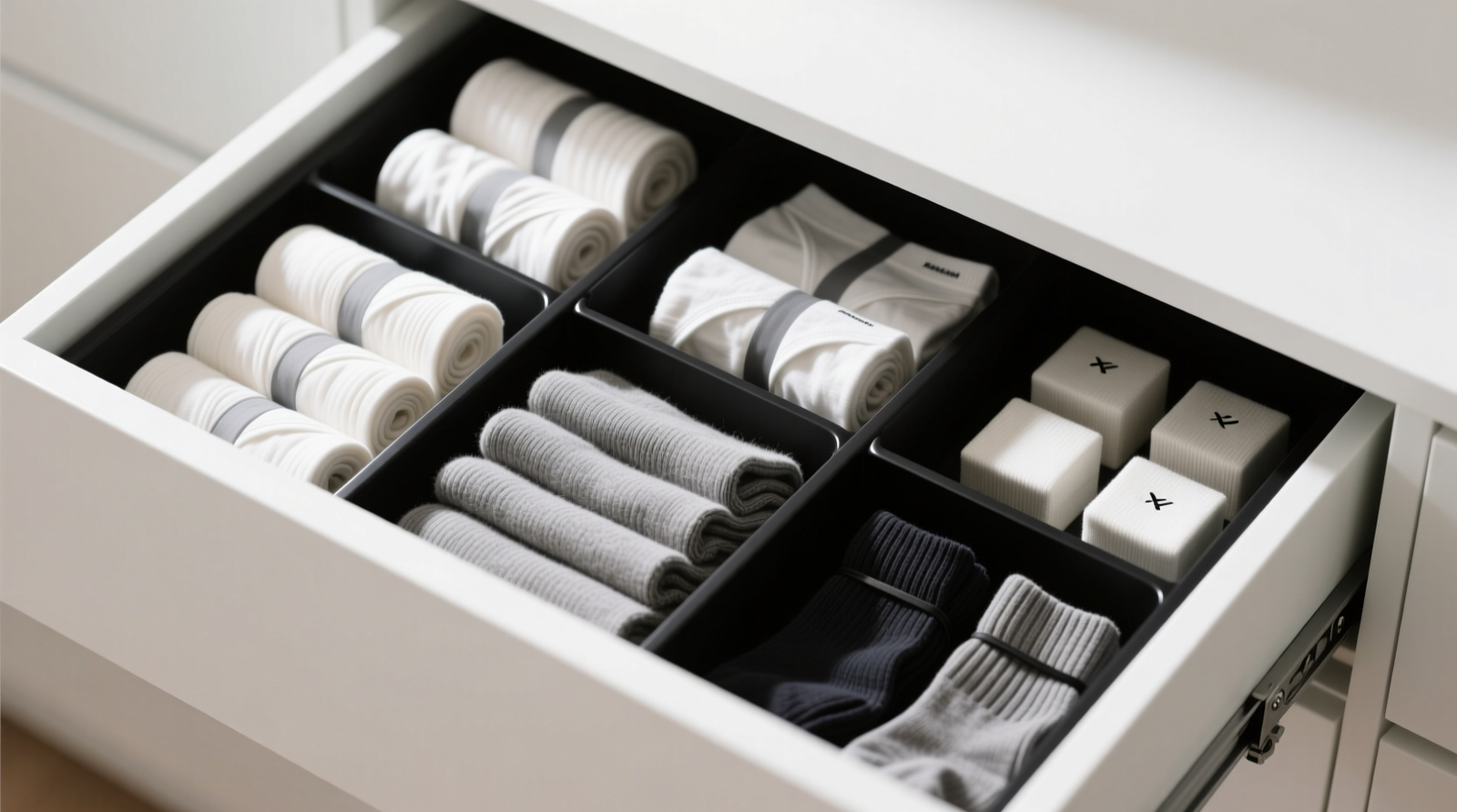 Top-down photo of a white drawer with black adjustable dividers neatly separating rolled cotton briefs, folded merino wool socks, and stacked athletic ankle socks—each section resized proportionally to item volume and height