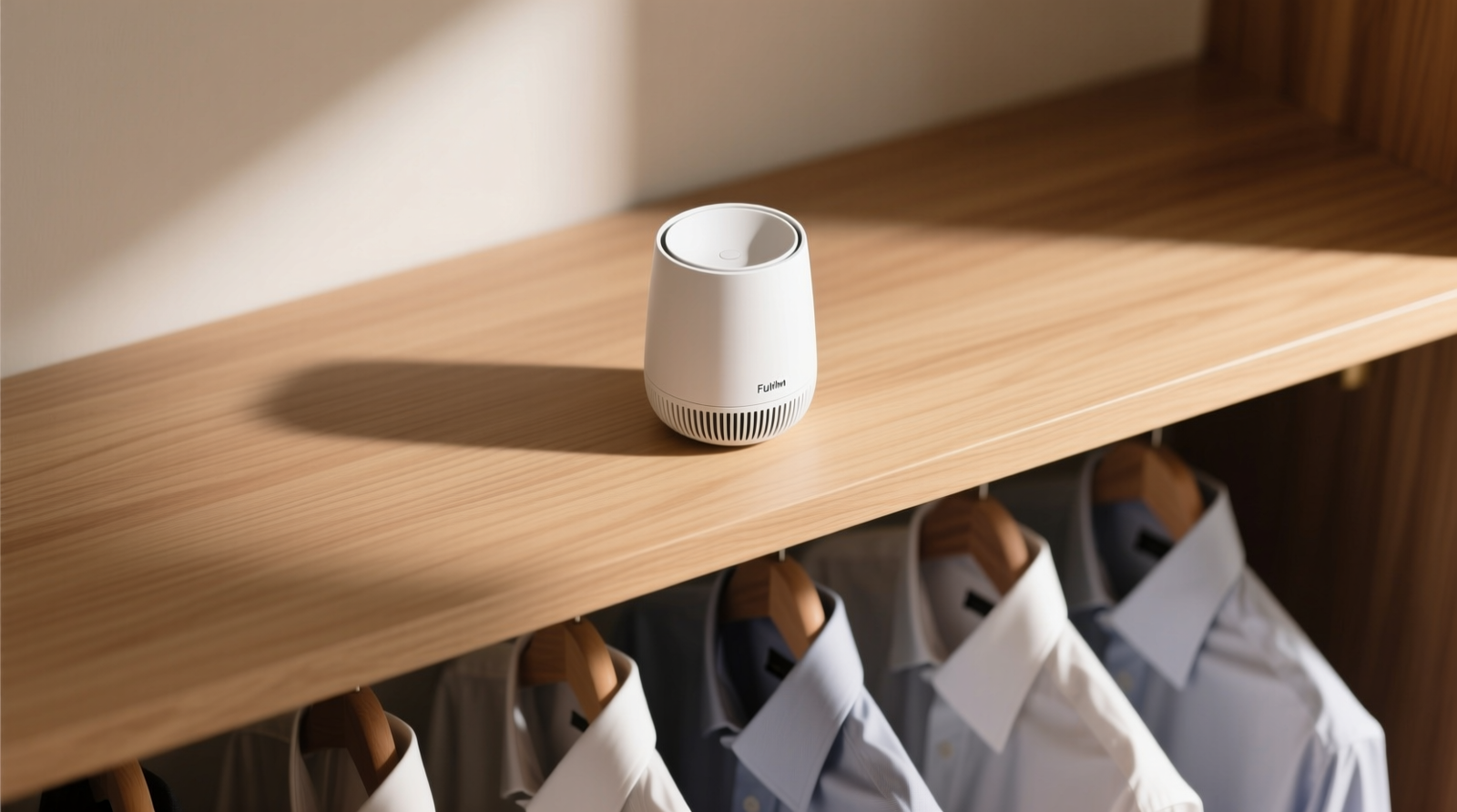 Overhead view of a minimalist closet top shelf showing a compact white portable diffuser centered on a clean wooden shelf, angled 15 degrees downward, with 6 inches of clearance on left and right, and hanging dress shirts visible below in soft focus