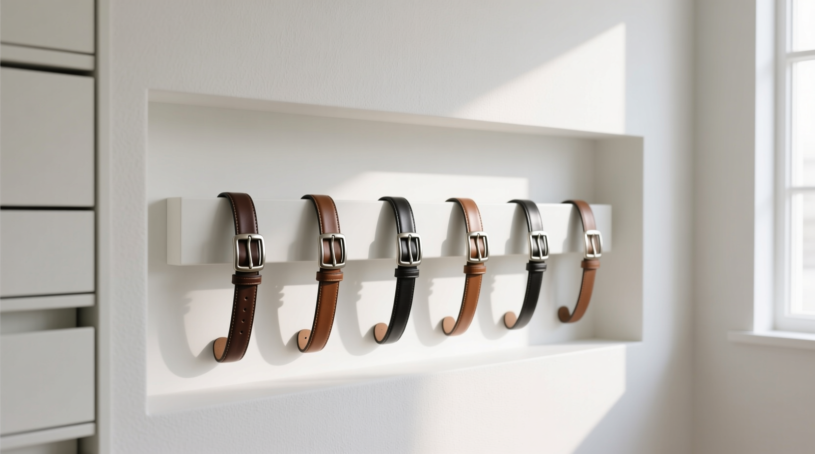 A minimalist white wall-mounted belt rack with six leather belts hung evenly, each buckle facing forward and aligned at identical height; no drawer or closet door visible—only clean wall, natural light, and intentional negative space