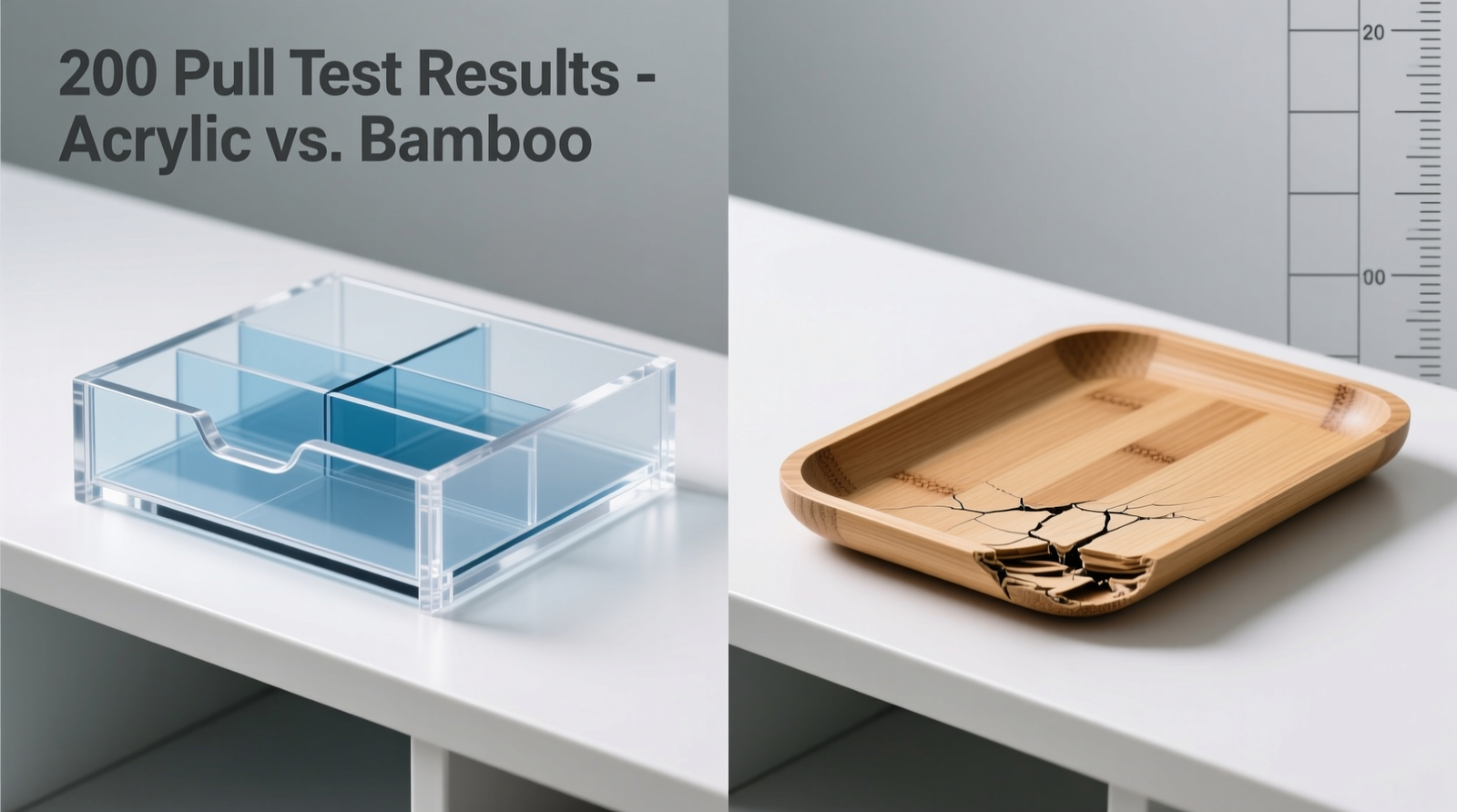 Side-by-side comparison showing an acrylic drawer divider remaining rigid and aligned after 200 simulated toddler pulls, while a bamboo tray exhibits corner lifting and surface cracking