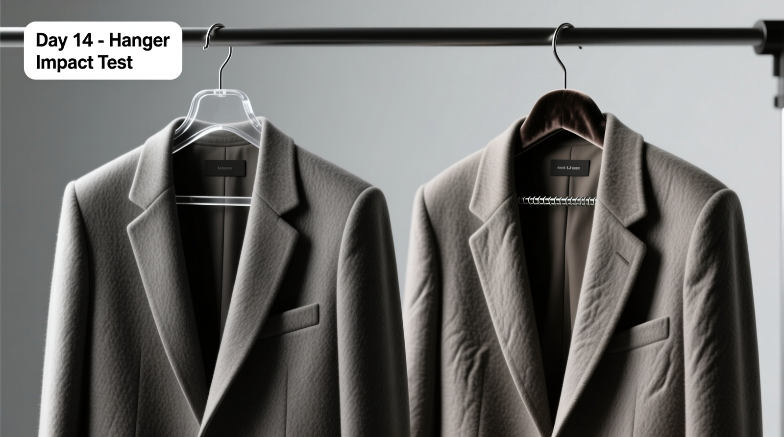 Side-by-side comparison showing identical wool blazers hung on uniform acrylic hangers versus mixed velvet/wire hangers after 14 days; only the mixed group displays visible shoulder distortion and collar warping