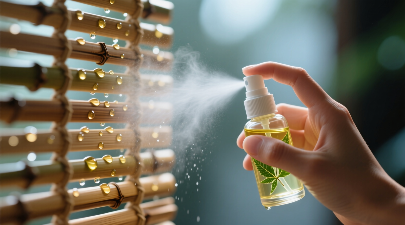 Close-up photo of hand holding a fine-mist spray bottle applying translucent neem oil mist onto vertically hung bamboo blinds; visible droplet sheen and no pooling or streaking