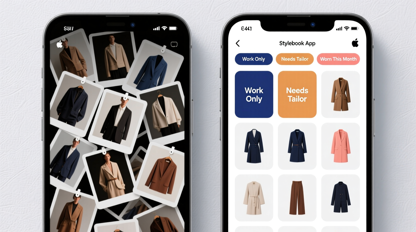 Side-by-side comparison: left panel shows cluttered phone gallery of untagged clothing photos; right panel shows clean, color-coded grid in Stylebook app with three manually added tags—'Work Only', 'Needs Tailor', 'Worn This Month'