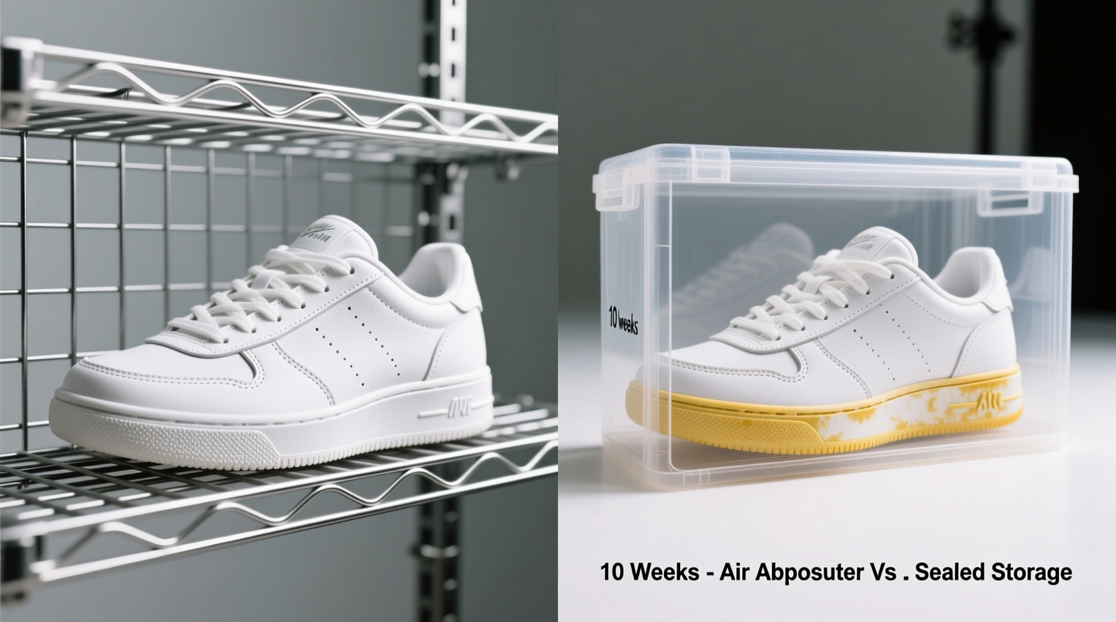 Side-by-side photo showing white sneakers on a wire-grid ventilated rack versus identical sneakers stored in a sealed plastic bin after 10 weeks—visible yellowing only in the bin-stored pair