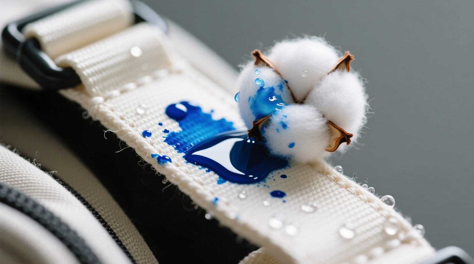 Close-up photo of a cotton backpack with a fresh Sharpie stain on the front panel, next to a cotton swab saturated with clear liquid gently pressing onto the mark—no rubbing motion visible, only controlled, vertical pressure.