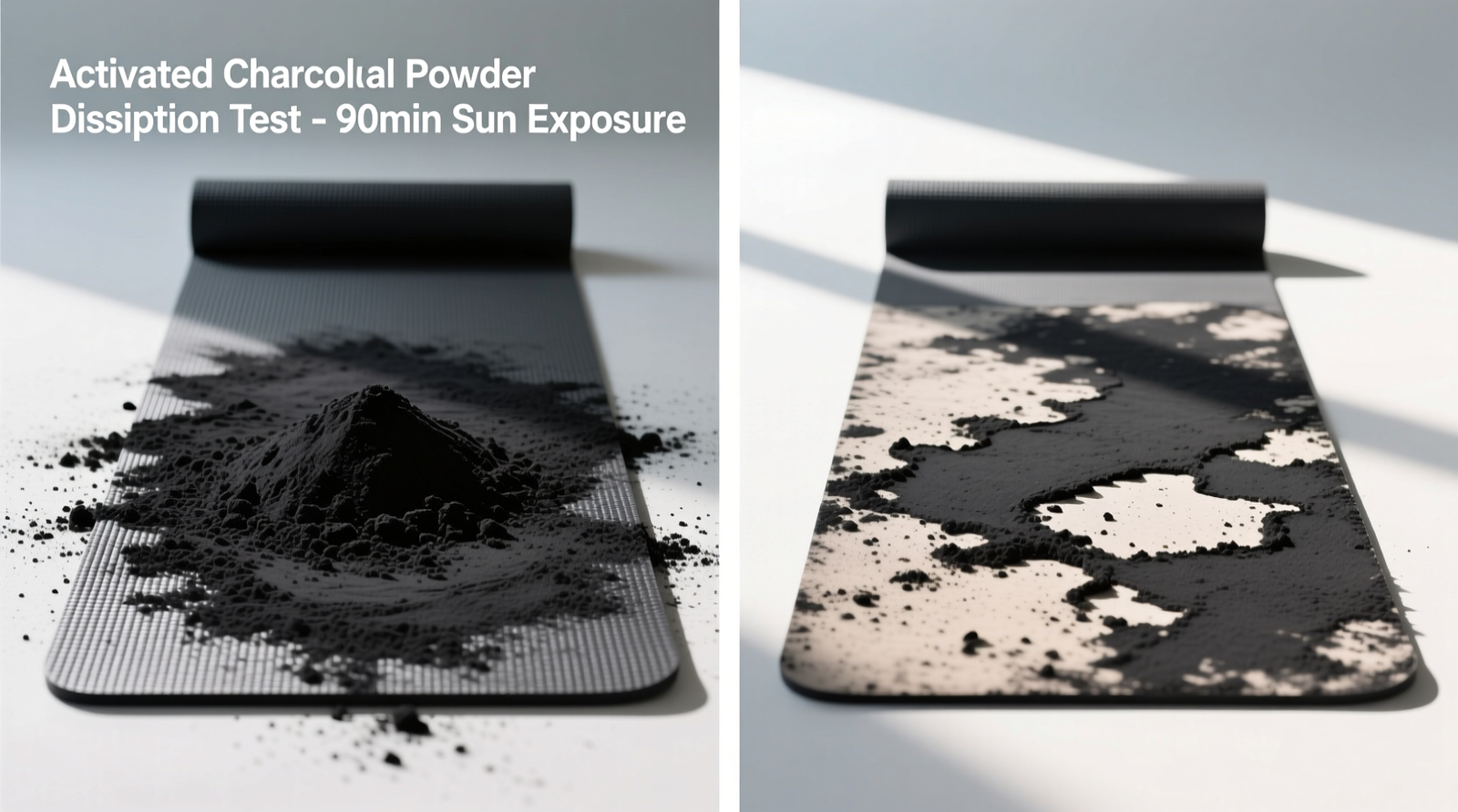 Close-up photo of a hand spraying a textured yoga mat with a fine mist, followed by immediate wiping with a folded blue microfiber cloth—demonstrating light application and directional stroke technique