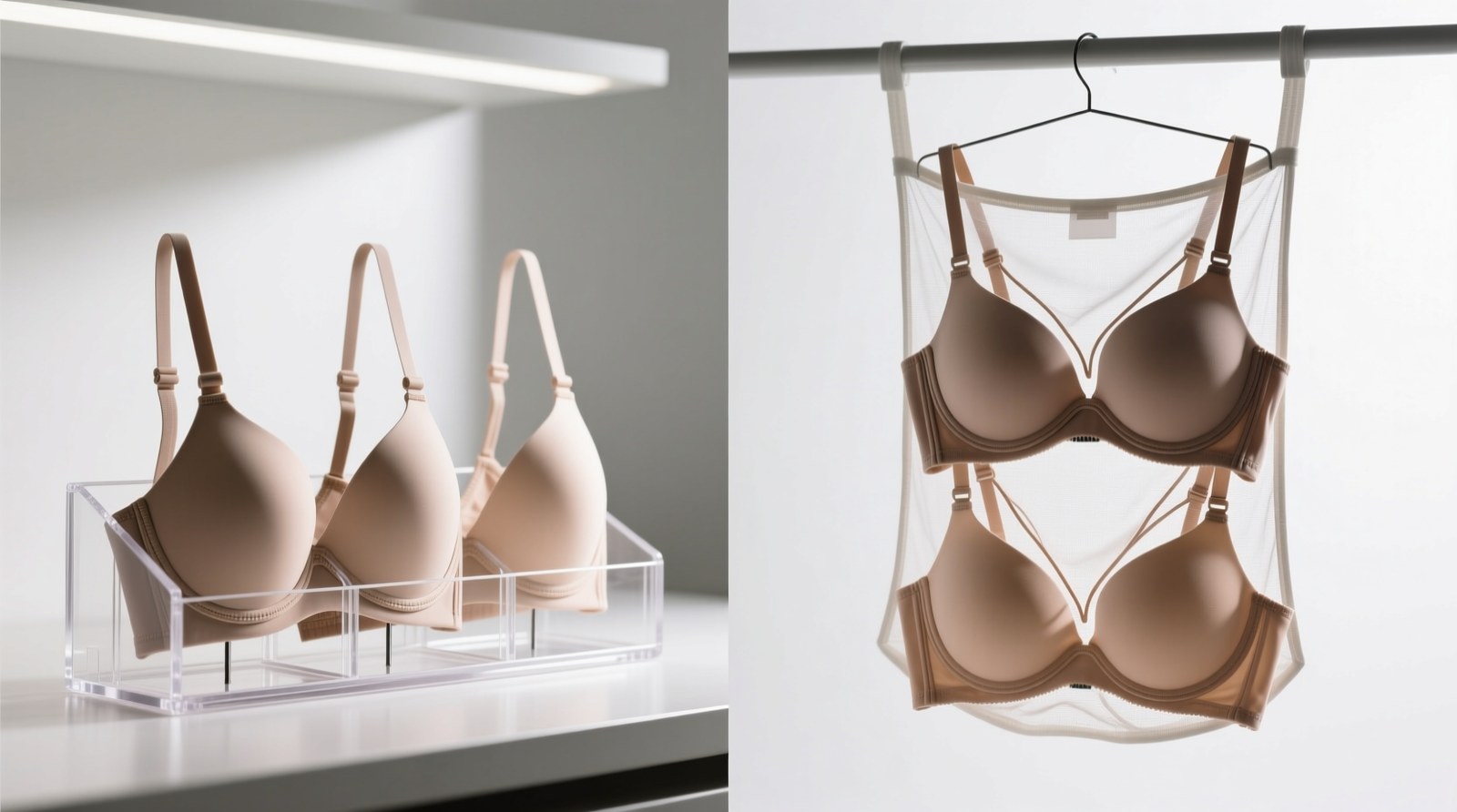 Side-by-side comparison: left shows three bras standing upright in a rigid acrylic organizer tray with visible underwire alignment; right shows same bras dangling from a mesh hanging pocket with distorted wires and flattened cups