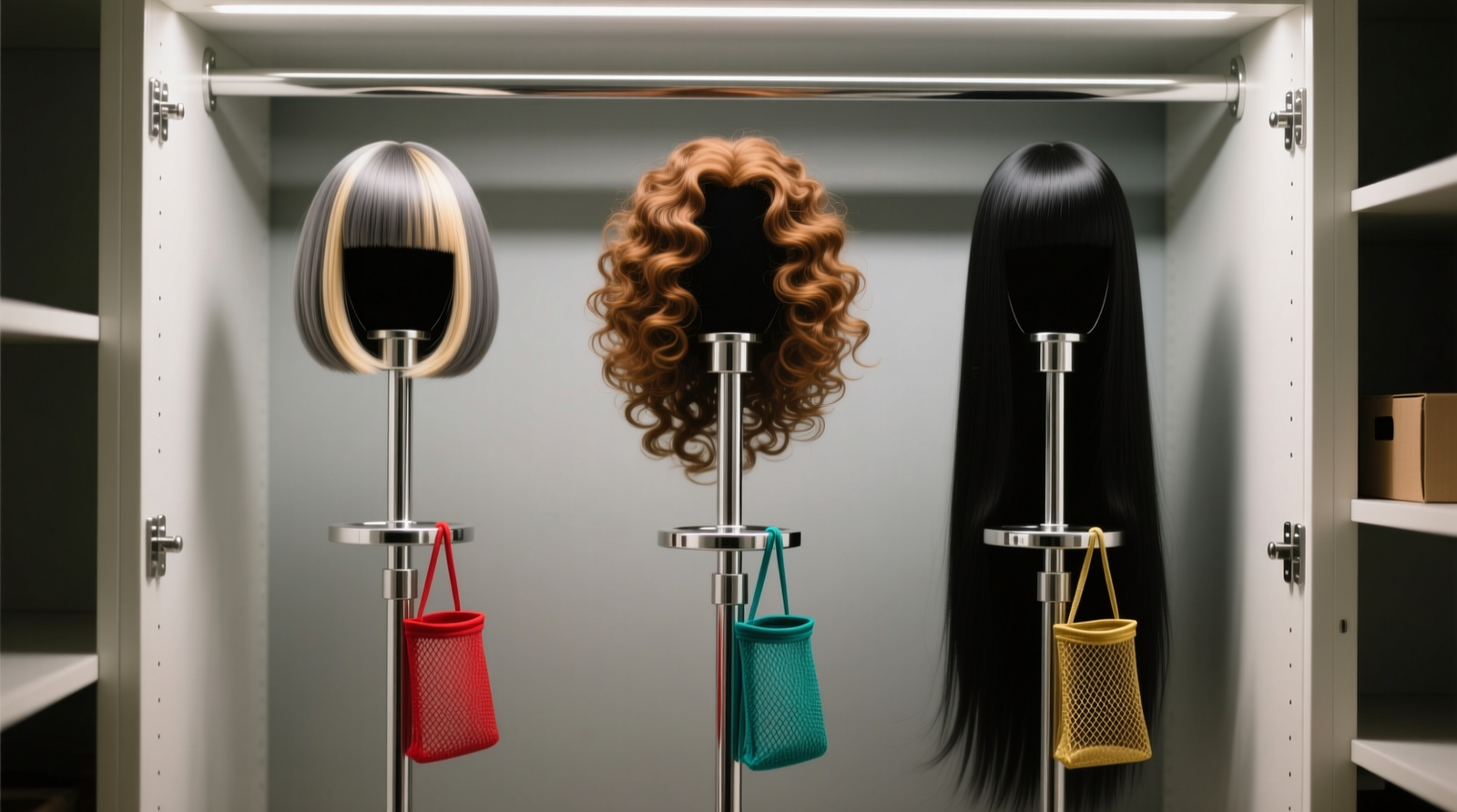 Close-up of three mannequin heads mounted vertically on brushed-metal wall brackets, each wearing a different style wig—curly, straight, and ombre—spaced evenly with visible nylon straps securing them at the base