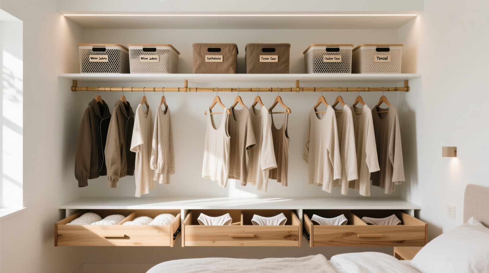 A well-lit closet interior showing three clearly labeled sections: 'Soft Only' with bamboo-blend tees on felt hangers, 'Transition' with open linen baskets, and 'Off-Limits' behind a closed, opaque curtain—no visible synthetics or tags