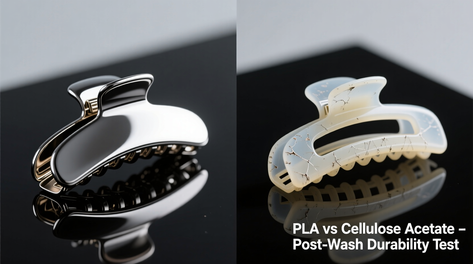 Side-by-side macro photography of two hair clips under controlled lighting: left shows a glossy, flawlessly reflective PLA clip after 20 washes; right shows a cellulose acetate clip with visible micro-scratches, hazing, and uneven sheen