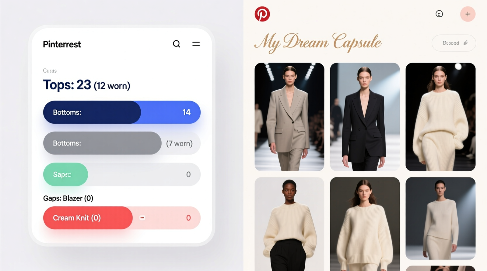 Side-by-side visual: left panel shows a clean digital closet planner dashboard with color-coded bars labeled 'Tops: 23 (12 worn)', 'Bottoms: 14 (7 worn)', 'Gaps: Blazer (0), Cream Knit (0)'; right panel shows a Pinterest board titled 'My Dream Capsule' filled with high-fashion images, none matching the user's actual wardrobe inventory