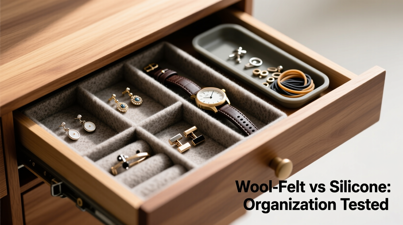 Side-by-side comparison showing wool-blend felt dividers securely holding earrings, cufflinks, and watch bands in a slightly forward-tilted wooden drawer, while a silicone tray beside it has slid 1.5 inches forward with contents pooled at its leading edge