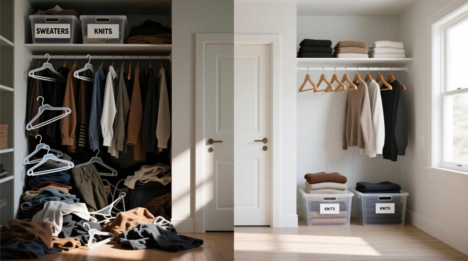 Side-by-side comparison: a closet before triage (overcrowded, hangers askew, mixed garment types) and after (curated hanging section with uniform hangers, folded knits in labeled bins, empty floor space visible)