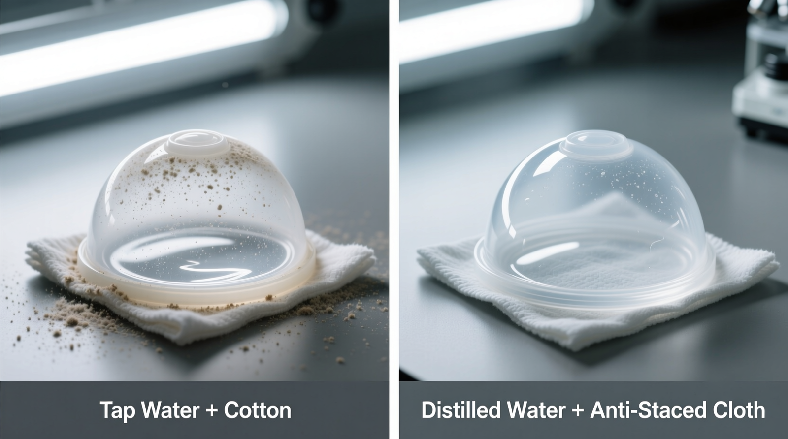 Side-by-side comparison: left shows a silicone dome cleaned with tap water and cotton cloth, visibly coated in fine dust; right shows identical dome cleaned with distilled water and anti-static polyester cloth, crystal clear under LED lighting