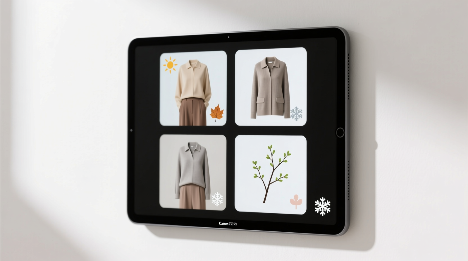 A minimalist wall-mounted tablet showing four clean, labeled outfit cards—each with a real photo of coordinated garments, neutral background, and subtle seasonal icon (e.g., sun for summer). No text overlays, no brand logos, no shopping links.