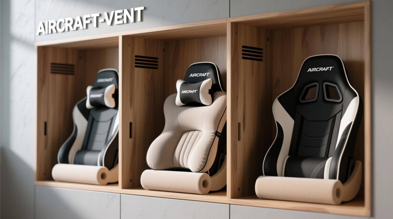 A narrow reach-in closet with two white tension rods installed vertically on the door interior; three black gaming chair headrests hang from padded clip hangers on the upper rod, four contoured lumbar pillows hang evenly spaced on the lower rod—no sagging, no contact between items.