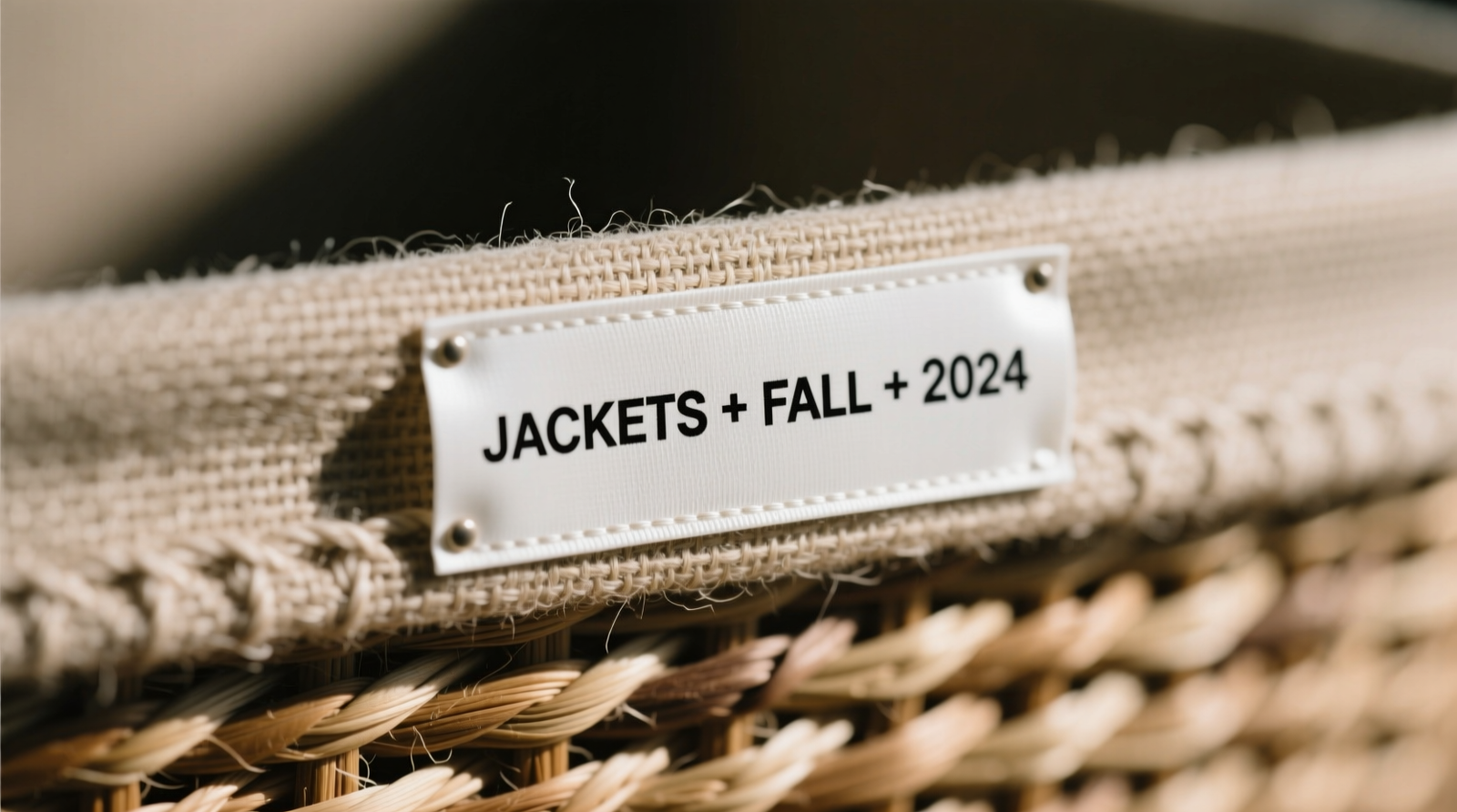 Close-up of a minimalist thermal label affixed to the front edge of a woven storage bin, showing crisp black text 'JACKETS • FALL • 2024' against neutral-toned fabric