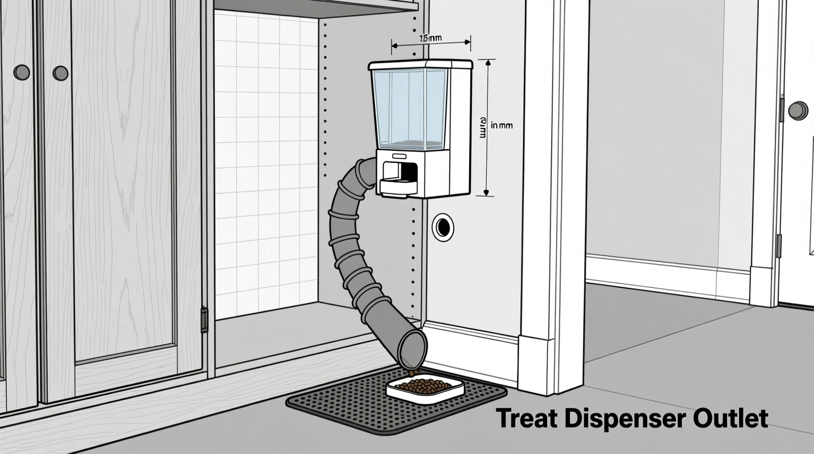 Side-view schematic showing a wall-mounted treat dispenser installed inside a standard reach-in closet, with a flexible silicone-lined chute exiting through a grommeted hole in the baseboard and terminating at a non-slip feeding mat in an adjacent hallway