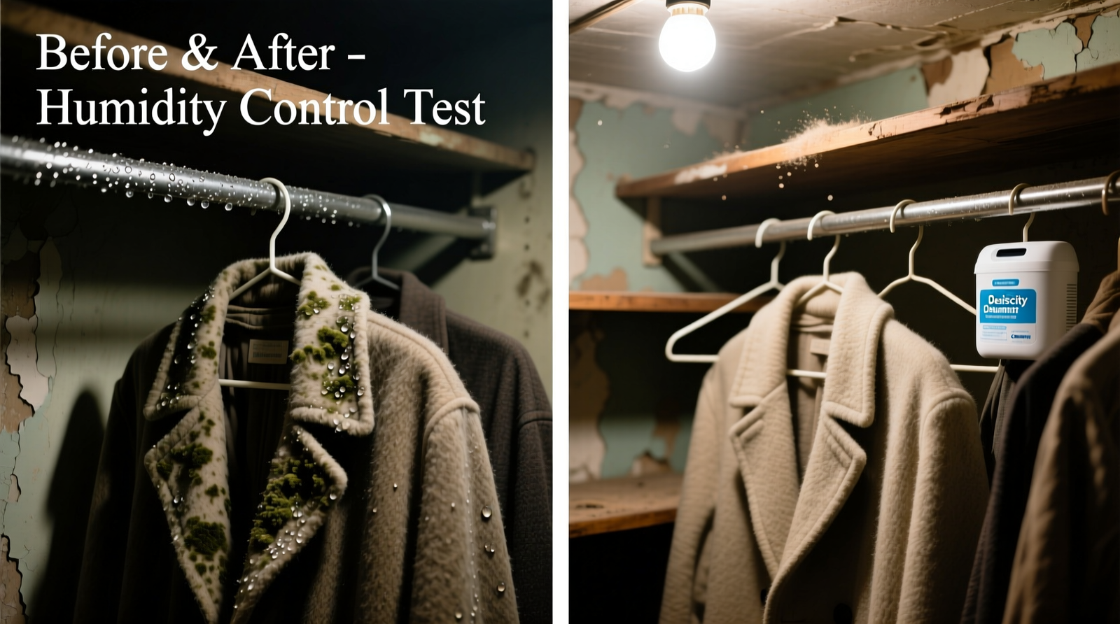 Side-by-side comparison: left side shows a basement closet with visible condensation on hangers and discolored wool coat collar; right side shows same closet after 10 days with desiccant dehumidifier, dry hangers, and crisp garment texture preserved