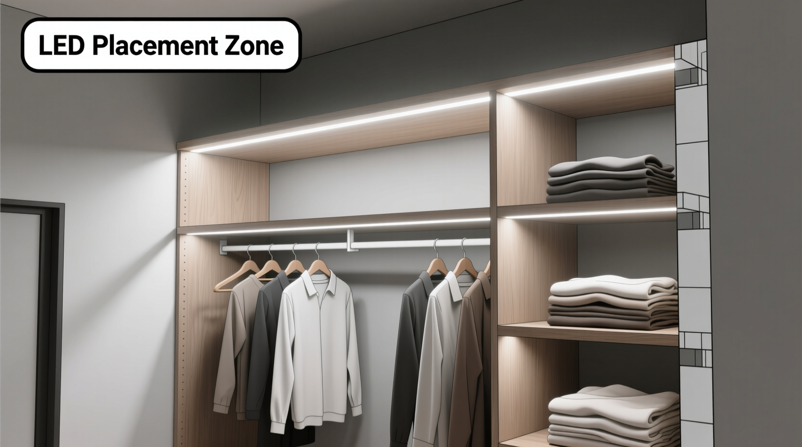 Cross-section diagram of a standard reach-in closet showing optimal LED tape placement along the top shelf front edge, downward-facing 4200K light rays evenly illuminating hanging shirts and folded stacks without shadow gaps