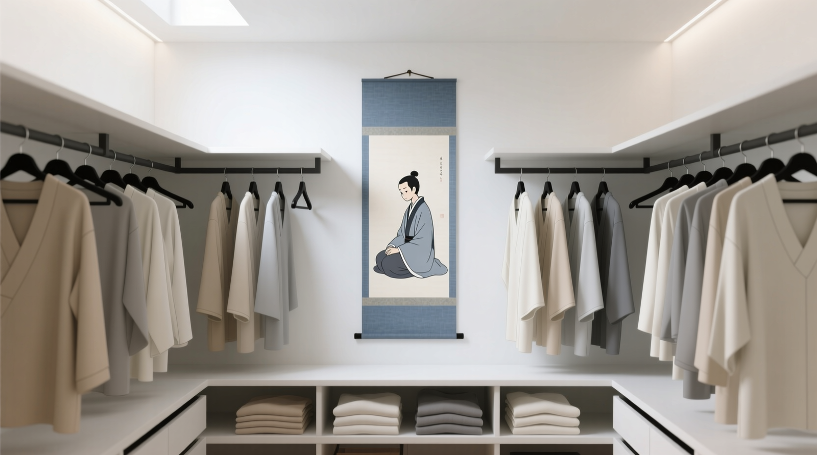 A minimalist walk-in closet with matte-finish anime wall scroll mounted precisely behind hanging garments; scroll features a single seated character in soft indigo and charcoal tones, aligned with shelf height and free of text or glare; all hangers are identical matte black, clothes folded uniformly