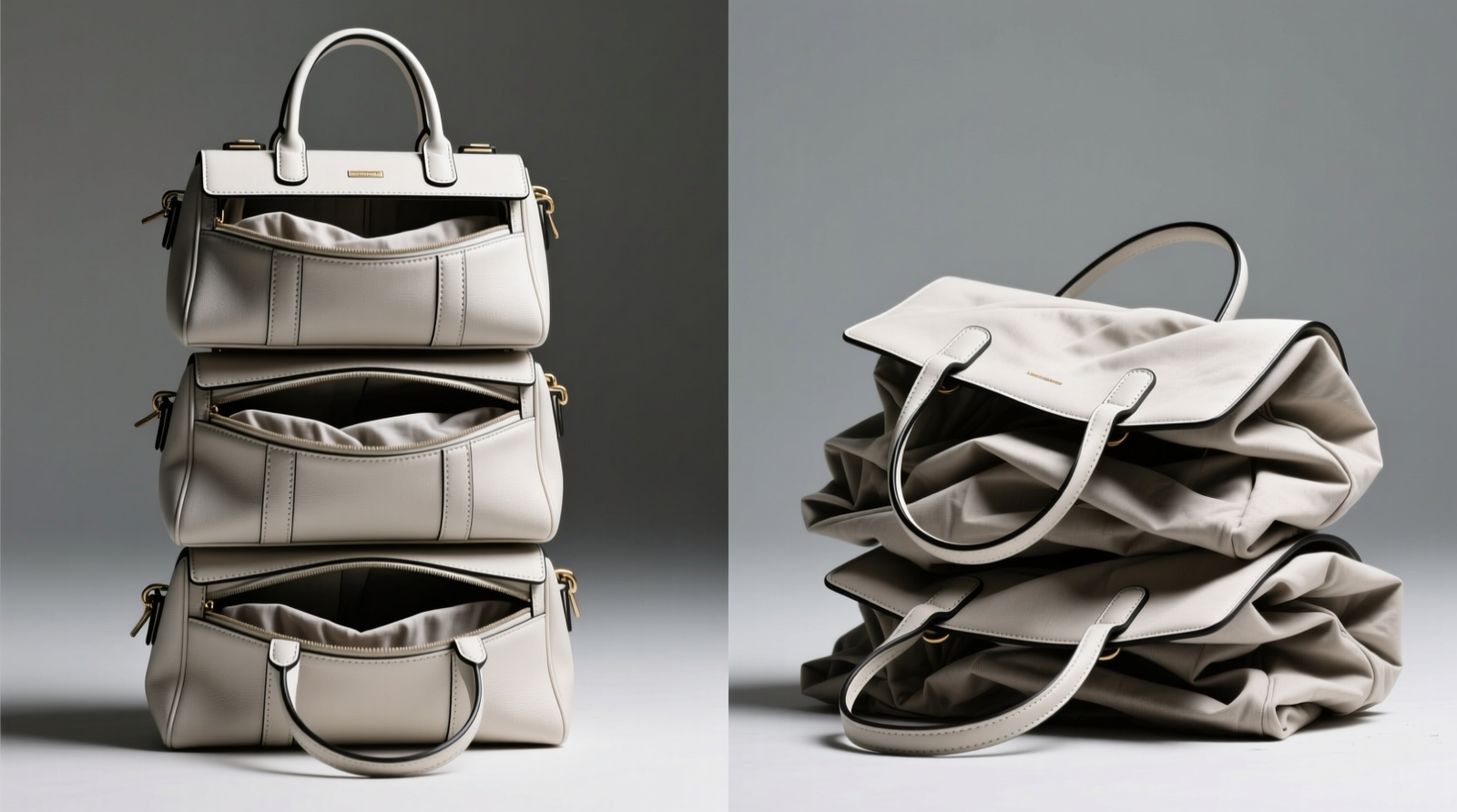 Side-by-side comparison: left shows three structured handbags stacked vertically with visible internal sleeves protruding slightly from openings; right shows same bags collapsed inward, flaps sagging, handles bent under uneven pressure
