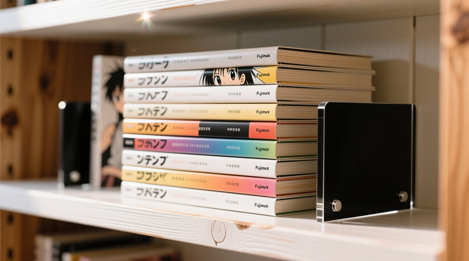 Close-up of manga volumes stored vertically on a white-painted pine shelf, with soft-closed archival bookends at both ends and a 1cm gap between each volume; no visible spine curvature or cover lift