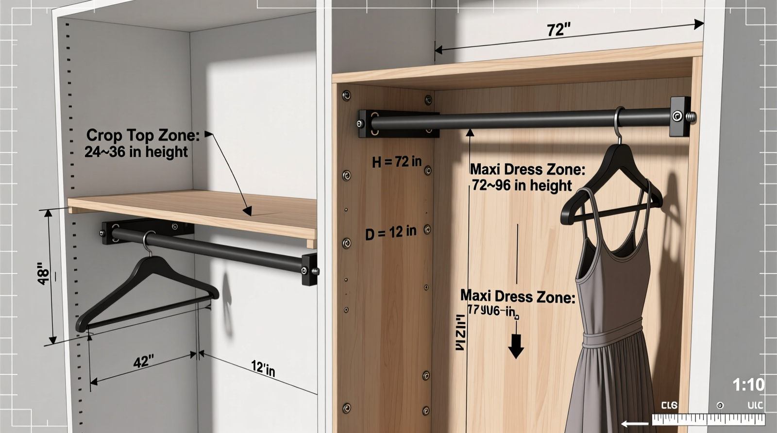 Side-by-side comparison showing an adjustable closet rod pivoted low to accommodate crop tops while a separate upper rod holds maxi dresses, with labeled dimensions and bracket anchoring points clearly marked