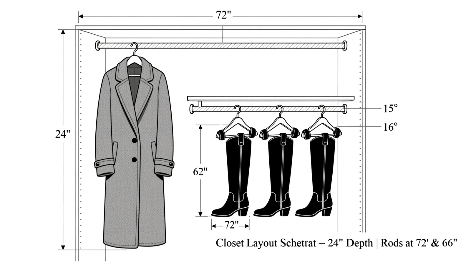 Side-view schematic showing a 24-inch deep closet with two parallel hanging rods: upper rod at 72 inches holding full-length wool coats, lower rod at 66 inches holding four tall boots suspended upright via angled hangers with rubber grips