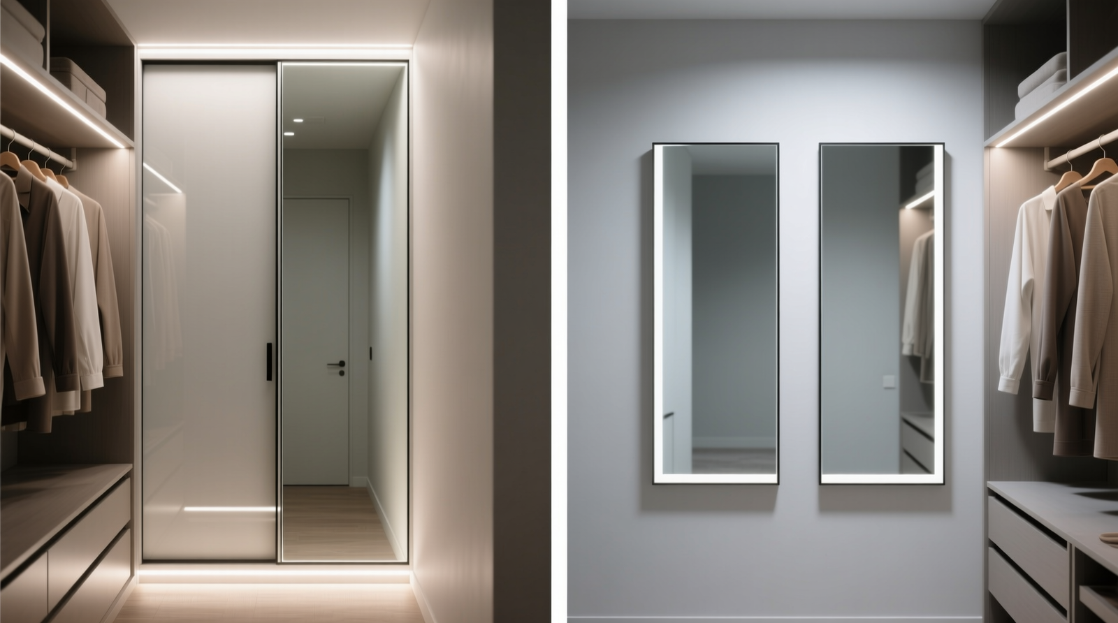 Side-by-side comparison showing a narrow closet with integrated sliding mirror doors featuring soft upward LED glow versus identical closet with two disjointed framed mirror panels casting visible seams and uneven lighting