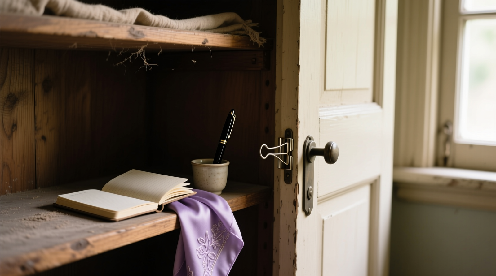 Open closet with a small, unlined notebook clipped to the interior door handle, next to a single pen and a folded scarf—showing integration, not intrusion.