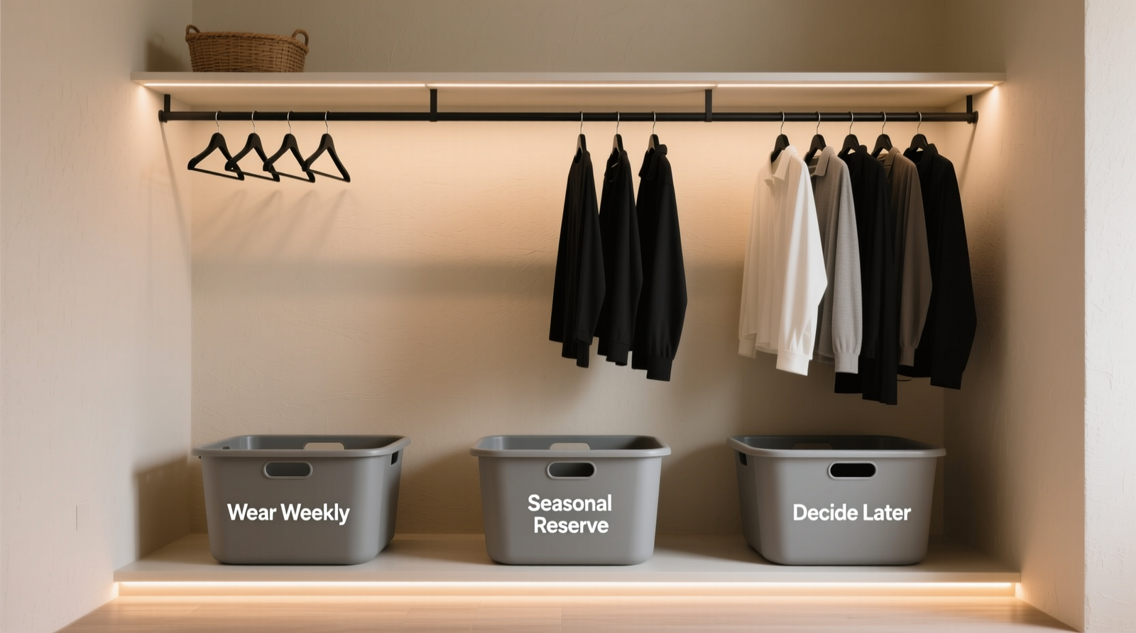 A minimalist closet showing uniform hangers, three clearly labeled floor-level bins (Wear Weekly, Seasonal Reserve, Decide Later), and soft LED lighting illuminating only the hanging zone—no overhead shelves, no baskets on top, no visible clothing piles