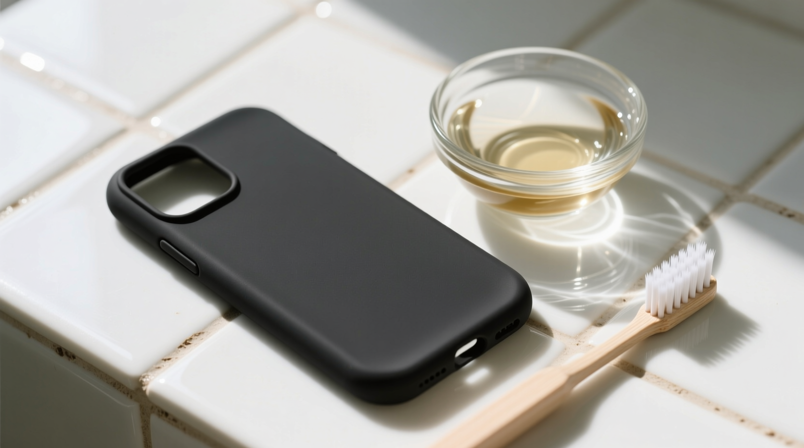 Top-down photo of a translucent matte-black silicone phone case laid flat on a sunlit white ceramic tile, with a small glass bowl of diluted vinegar beside it and a soft toothbrush resting nearby—no shadows, natural lighting, macro focus on texture clarity
