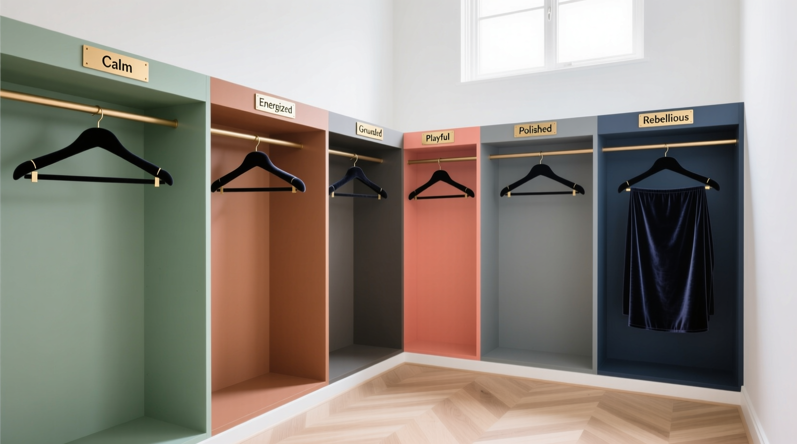 A minimalist closet with six clearly demarcated hanging sections, each distinguished by dominant color family and subtle brass label cards reading 'Calm', 'Energized', 'Grounded', 'Playful', 'Polished', 'Rebellious'; all hangers are identical matte-black velvet; floor is uncluttered