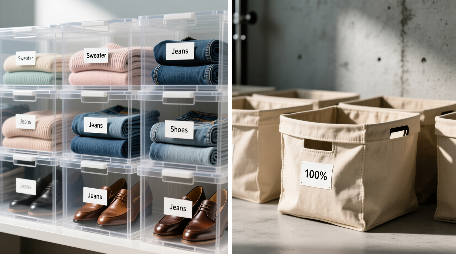 Side-by-side comparison: left side shows neatly labeled clear acrylic bins with folded sweaters, rolled jeans, and visible shoe boxes; right side shows identical-sized fabric bins with uniform beige exteriors—no labels, no visible contents, one slightly bulging at the seam