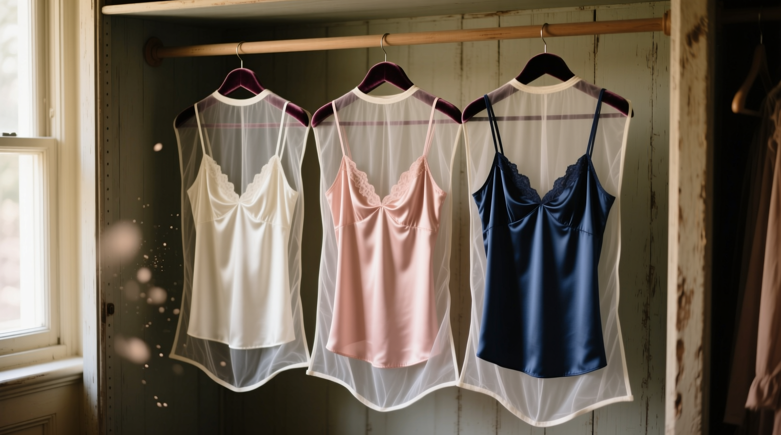 Three silk camisoles hanging on velvet-padded hangers inside a cool, shaded closet section, each inside a translucent cotton garment bag with open bottom hem, spaced evenly apart