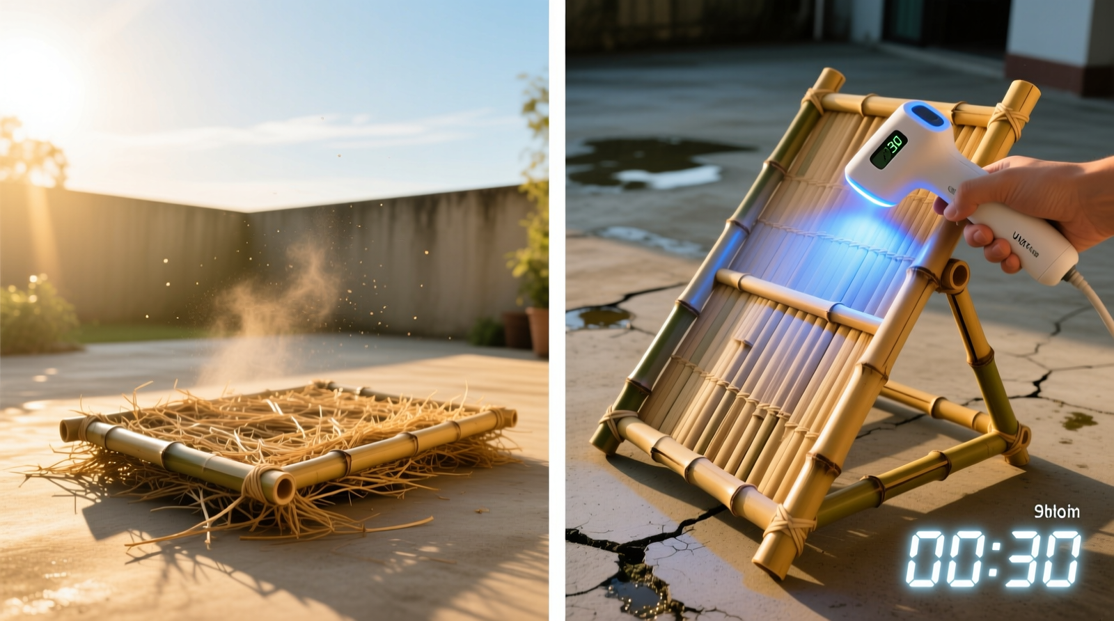 Side-by-side visual: left shows a clean, dry bamboo hay rack rotated face-up on a sunlit concrete patio at 9:30 a.m.; right shows the same rack held at a 45-degree angle under a handheld UVC wand emitting a faint blue glow, with a digital timer displaying '00:30'
