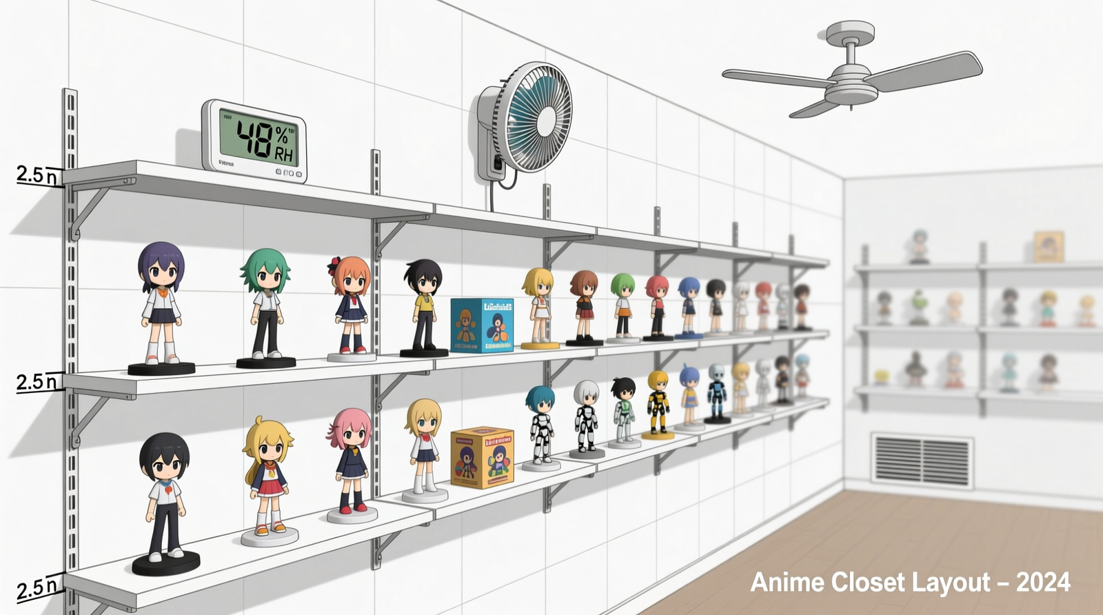 A narrow reach-in closet transformed with matte-black track lighting angled downward onto staggered acrylic shelves holding anime figures, a framed poster lit separately, and a recessed drawer unit with soft-close mechanisms beneath