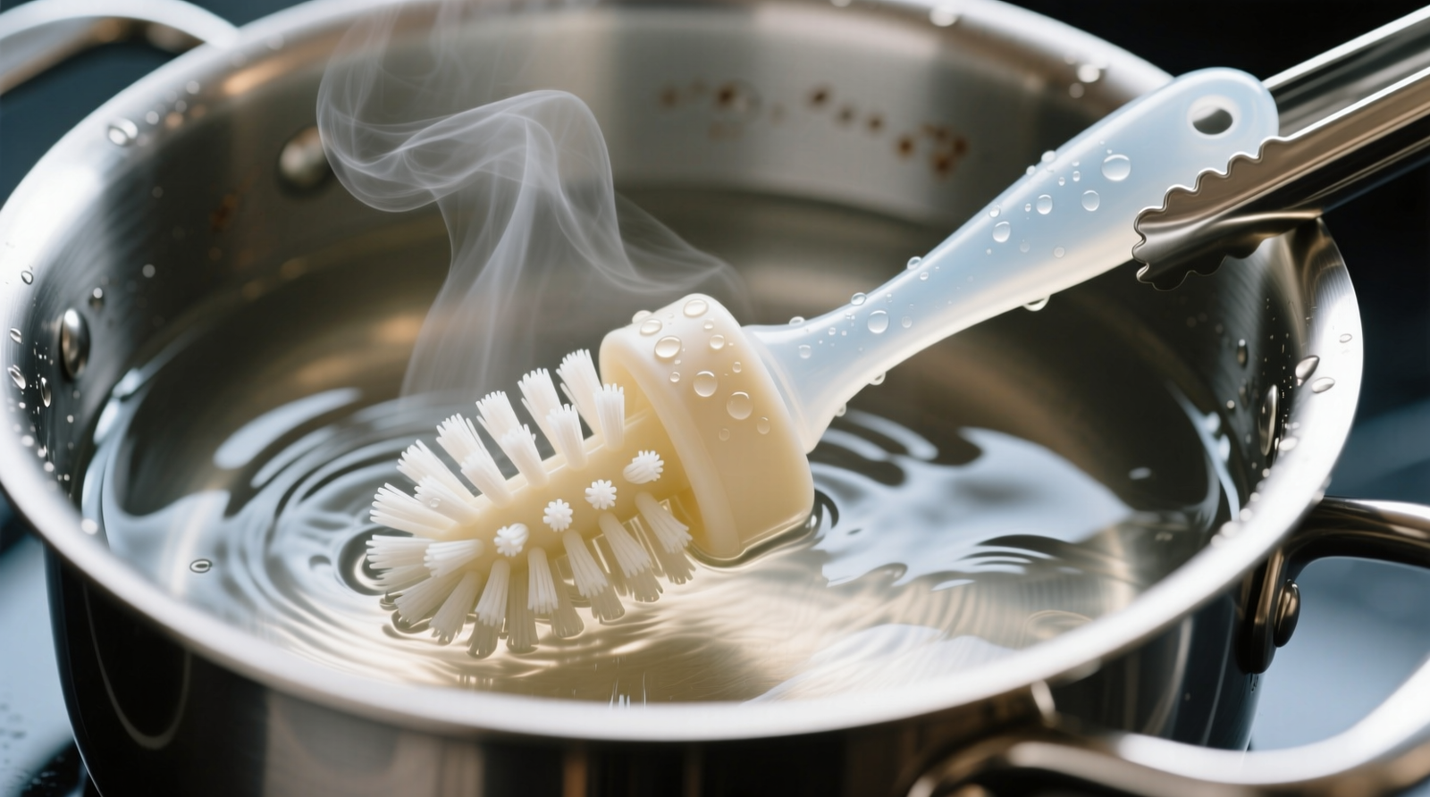 Close-up photo of a platinum-cured silicone baby bottle brush submerged in gently boiling water inside a stainless steel pot, with steam rising and tongs nearby—bristles fully covered, handle partially visible above waterline