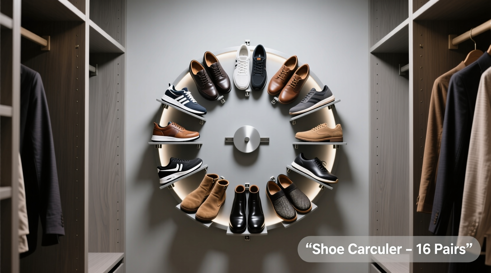 A 3-tier rotating shoe carousel installed in a 22-inch-deep closet, with leather oxfords, canvas sneakers, and ankle boots neatly arranged heel-in on each tier, all fully visible and spaced for unobstructed 360-degree rotation