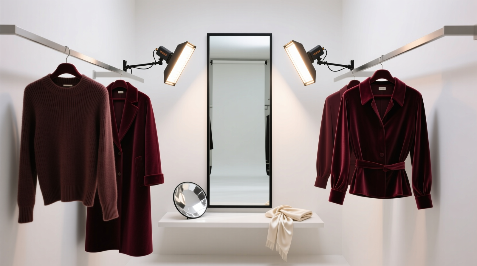 A narrow walk-in closet transformed: full-length mirror centered, white backdrop fully extended, two adjustable LED panels angled inward, garments hung facing forward on velvet hangers, minimalist shelf holding a reflector and folded scarf prop