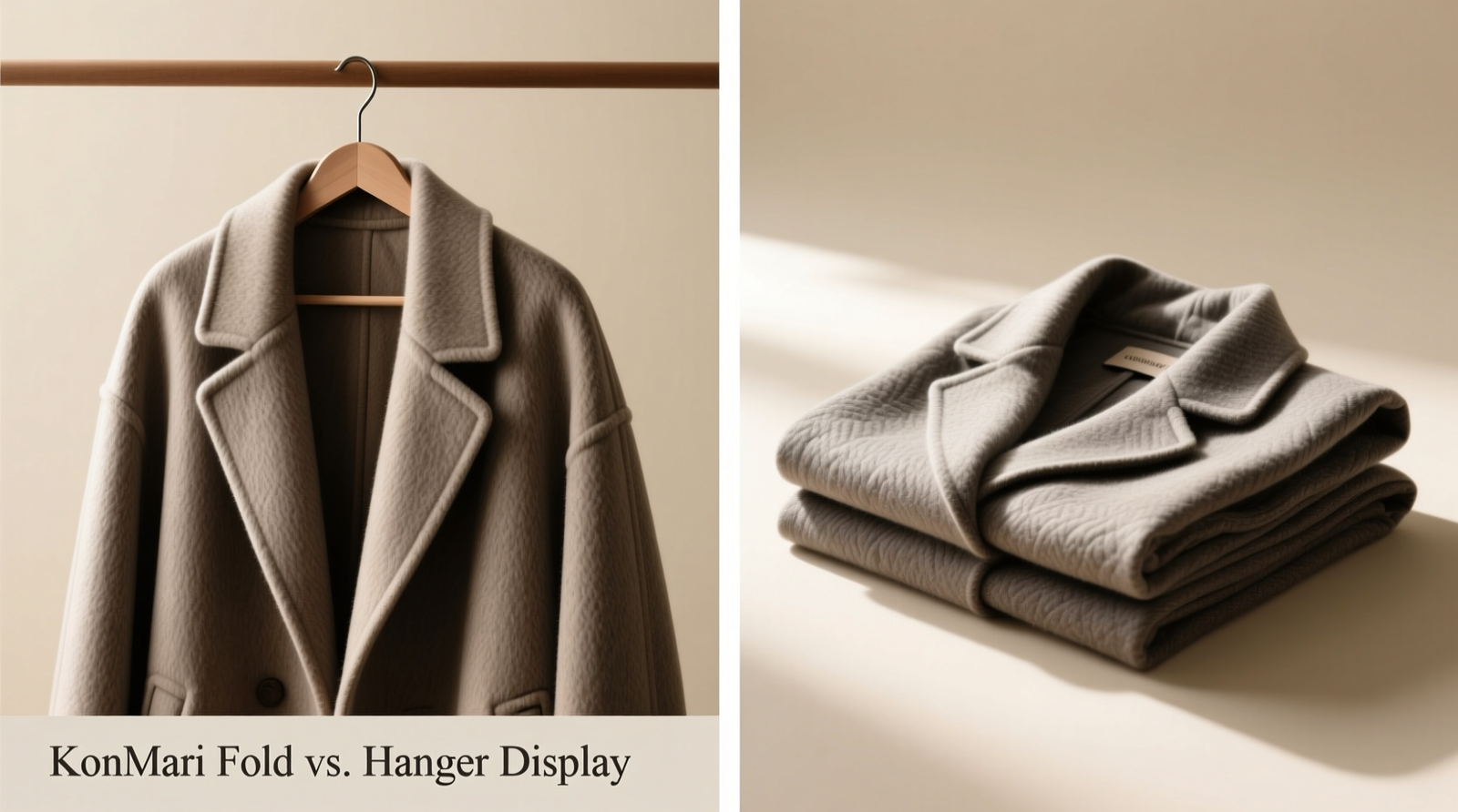 Side-by-side comparison: left, a thick wool coat draped neatly on a wide padded hanger with 3-inch spacing; right, the same coat folded using KonMari method, showing visible shoulder creasing and collar distortion