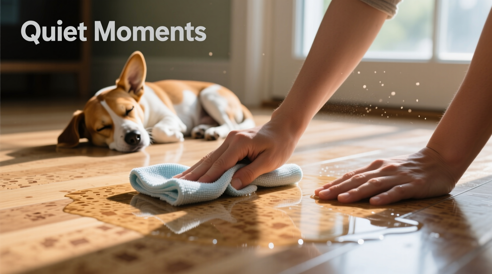 Close-up of a person gently wiping a cork floor with a damp, folded microfiber cloth—no pooling, no spray bottle visible—next to a small dog resting peacefully on the same surface