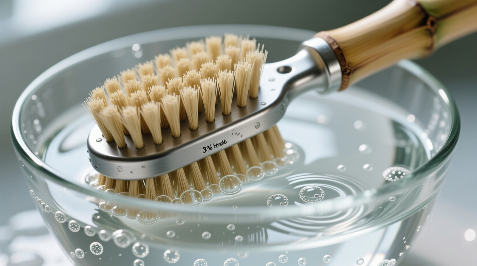 Close-up photograph of a recycled aluminum-handled pet grooming brush with natural bamboo bristles, partially submerged in a clear glass bowl containing bubbling 3% hydrogen peroxide solution, with cool water rinsing visible at the base