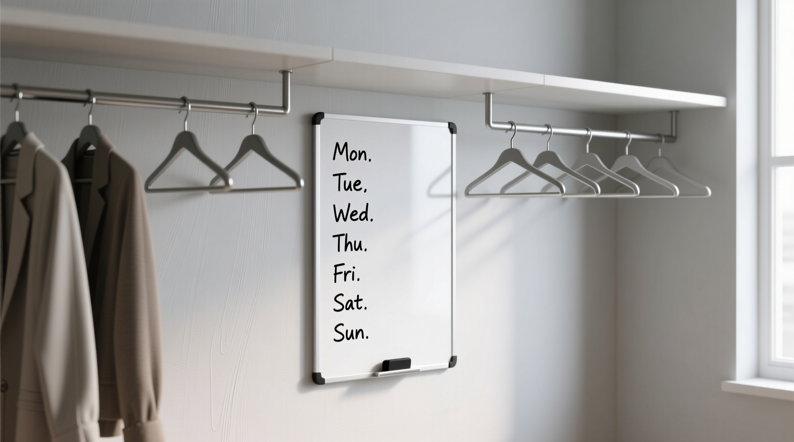 A minimalist closet with a slim, frame-mounted whiteboard mounted at eye level beside a row of uniformly spaced hangers; only seven neatly written outfit labels (Mon–Sun) are visible, all in black marker, with no additional text or symbols