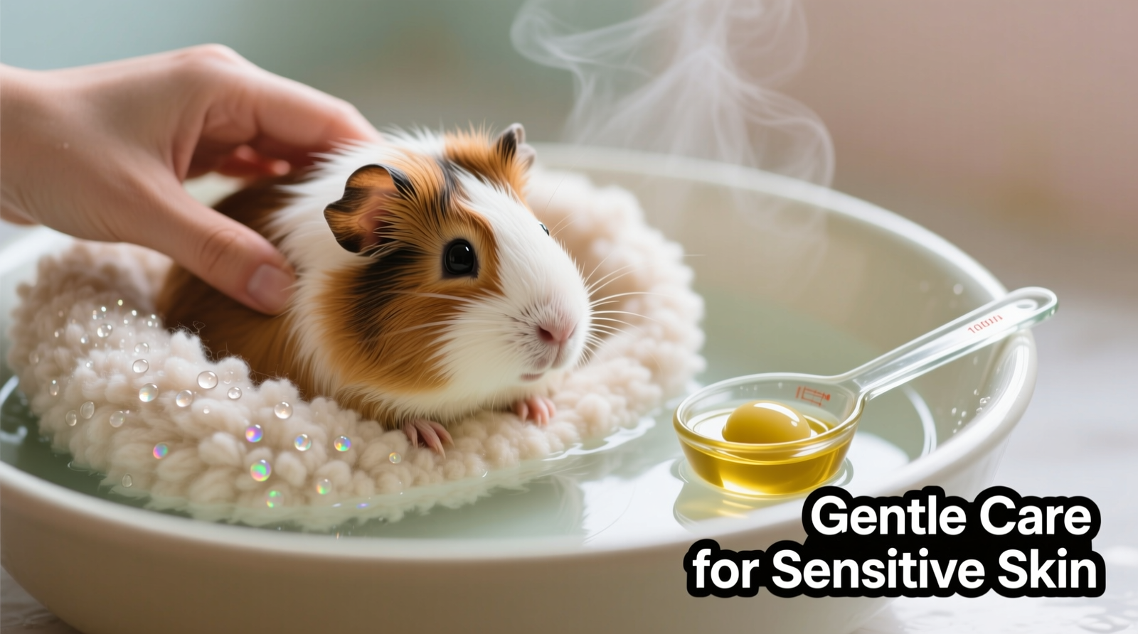 Close-up of guinea pig fleece bedding being gently agitated by hand in a shallow basin of clear, cool water, with a small glass measuring spoon holding olive oil soap beside it